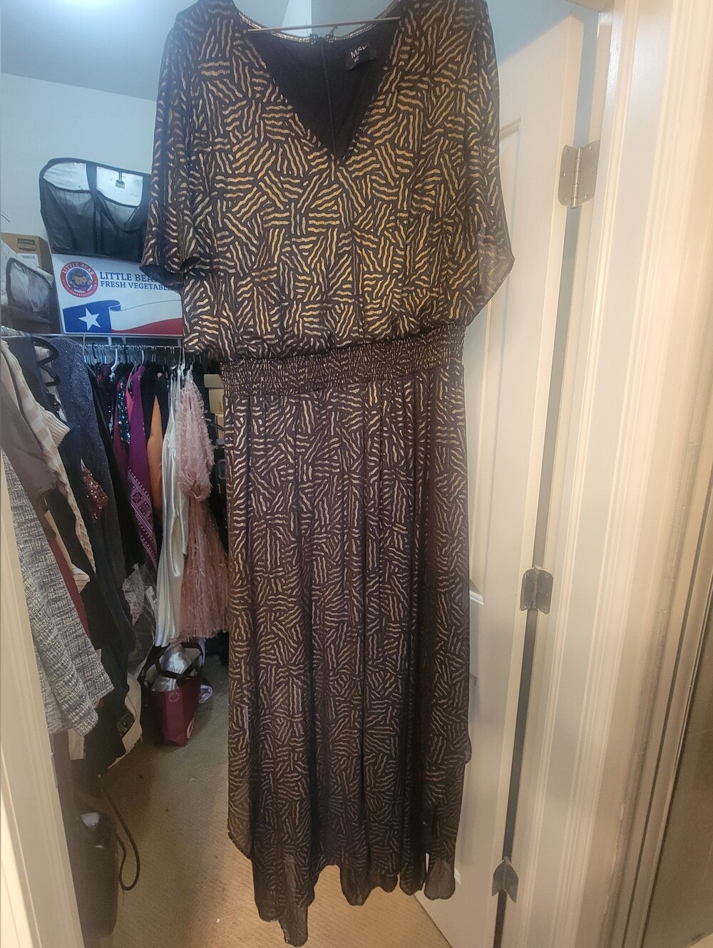 MSK Black Dress with Gold Geometric Print V‑Neck Maxi